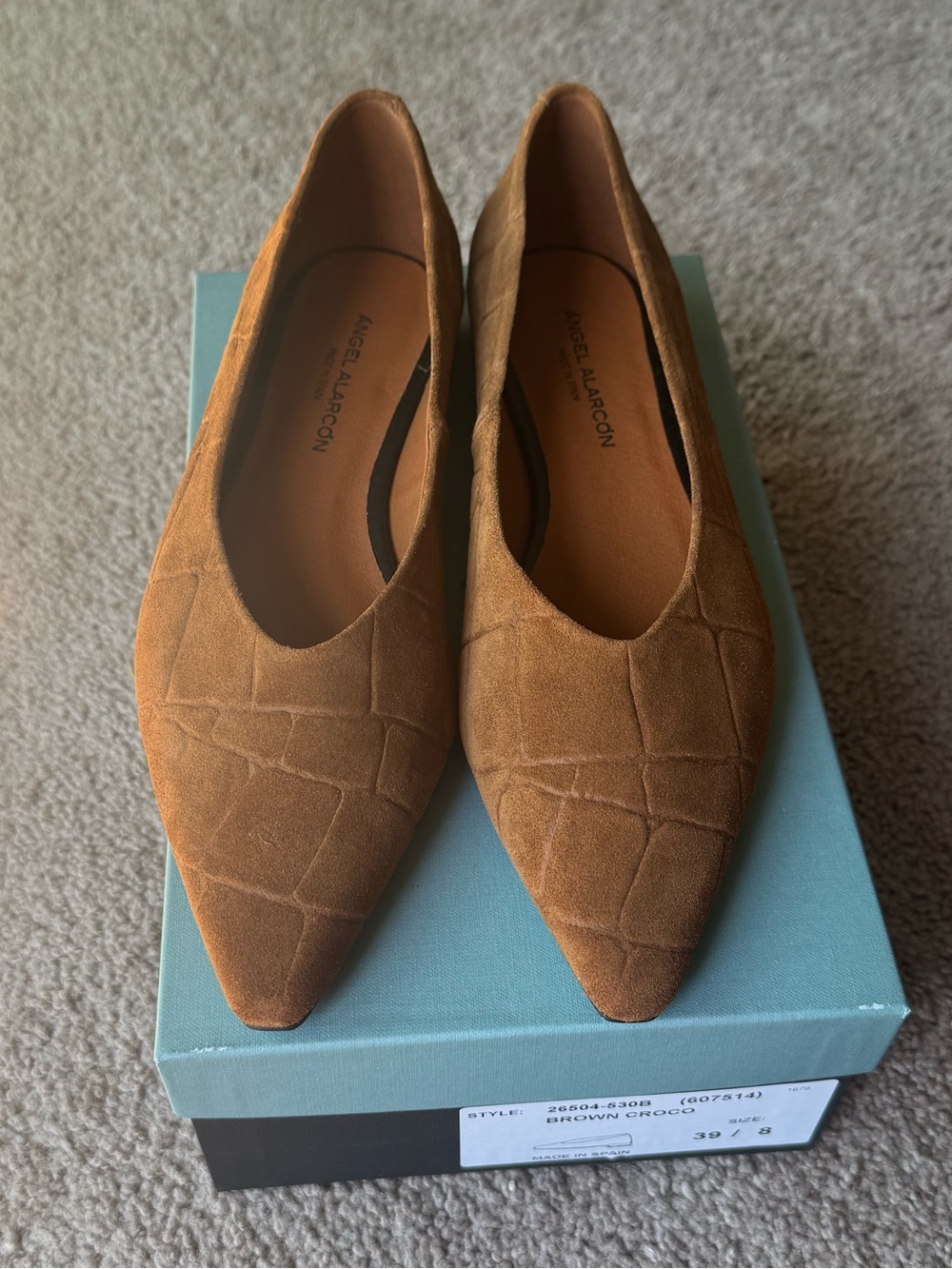 ANGEL ALARCON Women's Brown Suede Croc Embossed Pointed Toe Flats 8 New